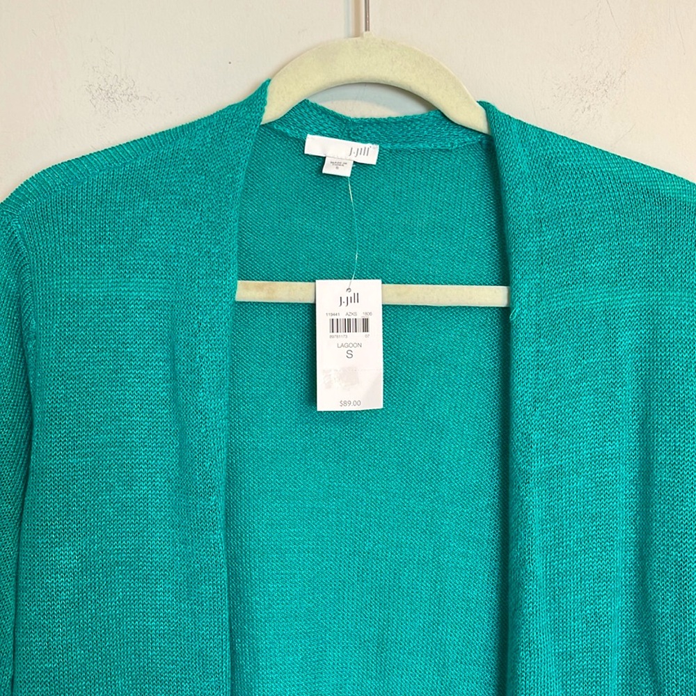 J. Jill linen blend long knit Cardigan sweater in color lagoon size small - Picture 3 of 8